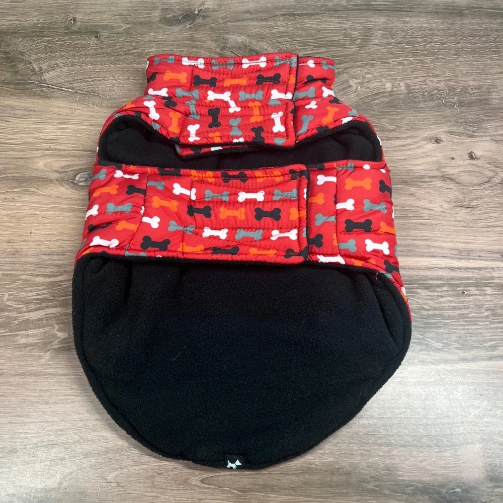 Hotel Doggy Puffer Vest Red Bone Print Fleece Lined Size Small